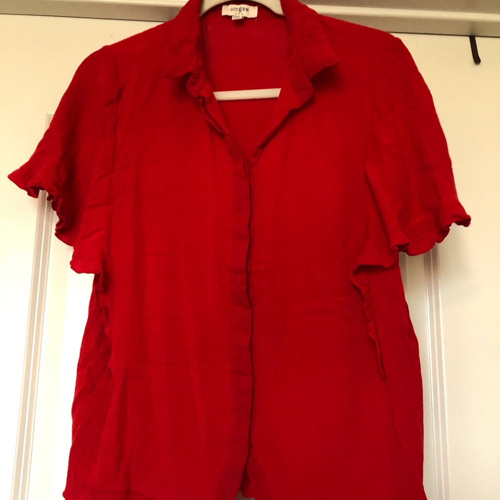 Red, Ruffle Shortsleeved Button Up Shirt